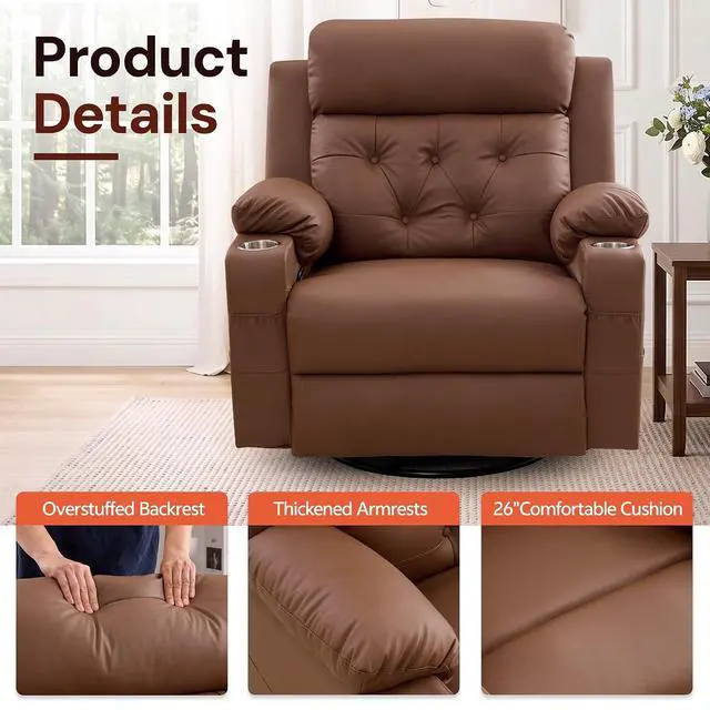 Alt view image 7 of 7 - Korser Oversized Recliner Chair, 360° Swivel Rocker Recliner for Adults, Recliner Chair with Heat and Massage, Manual Recliner with Remote Control and Cup Holders for Living Room, Faux Leather