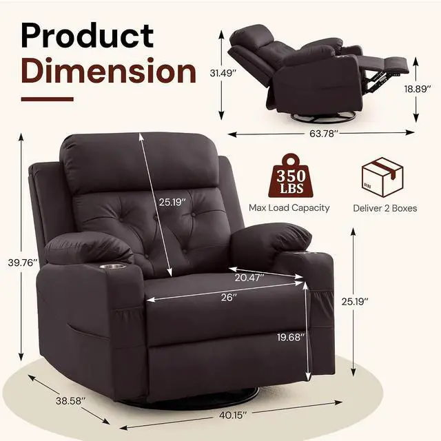 Alt view image 2 of 7 - Korser Oversized Recliner Chair, 360° Swivel Rocker Recliner for Adults, Recliner Chair with Heat and Massage, Manual Recliner with Remote Control and Cup Holders for Living Room, Faux Leather, Brown