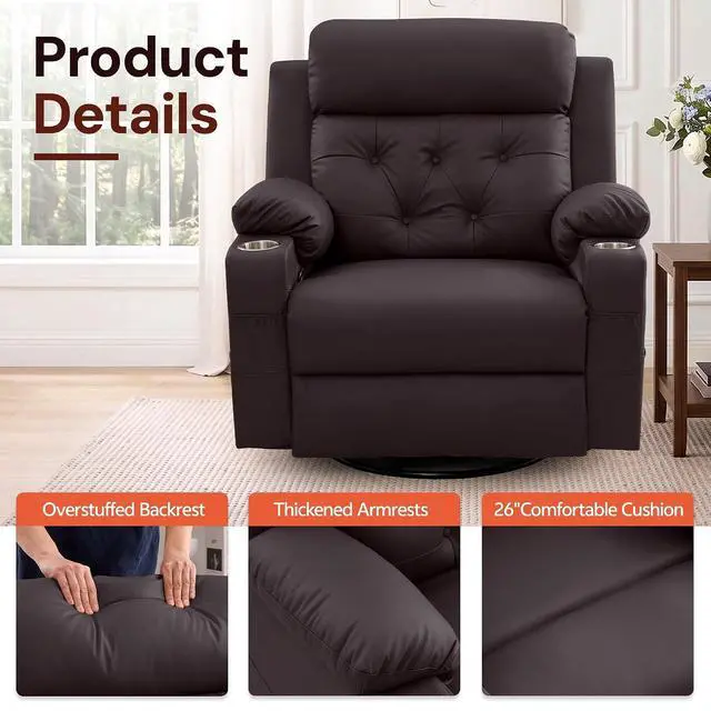 Alt view image 7 of 7 - Korser Oversized Recliner Chair, 360° Swivel Rocker Recliner for Adults, Recliner Chair with Heat and Massage, Manual Recliner with Remote Control and Cup Holders for Living Room, Faux Leather, Brown