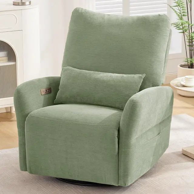 Main image of Korser Power Swivel Rocker Recliner Chair, Electric Nursery Rocking Chairs with USB & Type-C Ports, Upholstered 23" Wide Glider Chair with Lumbar Pillow for Living Room, Bedroom, Chenille, Green