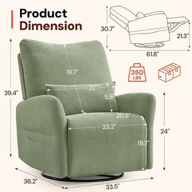 Alt view image 2 of 7 - Korser Power Swivel Rocker Recliner Chair, Electric Nursery Rocking Chairs with USB & Type-C Ports, Upholstered 23" Wide Glider Chair with Lumbar Pillow for Living Room, Bedroom, Chenille, Green