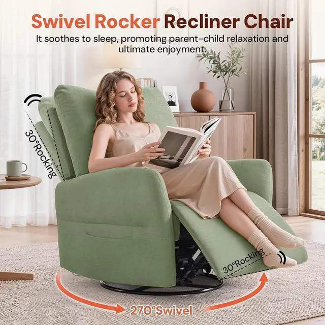 Alt view image 3 of 7 - Korser Power Swivel Rocker Recliner Chair, Electric Nursery Rocking Chairs with USB & Type-C Ports, Upholstered 23" Wide Glider Chair with Lumbar Pillow for Living Room, Bedroom, Chenille, Green