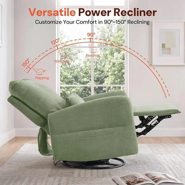 Alt view image 4 of 7 - Korser Power Swivel Rocker Recliner Chair, Electric Nursery Rocking Chairs with USB & Type-C Ports, Upholstered 23" Wide Glider Chair with Lumbar Pillow for Living Room, Bedroom, Chenille, Green