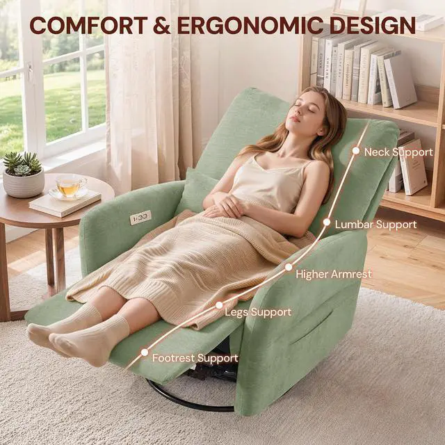 Alt view image 5 of 7 - Korser Power Swivel Rocker Recliner Chair, Electric Nursery Rocking Chairs with USB & Type-C Ports, Upholstered 23" Wide Glider Chair with Lumbar Pillow for Living Room, Bedroom, Chenille, Green