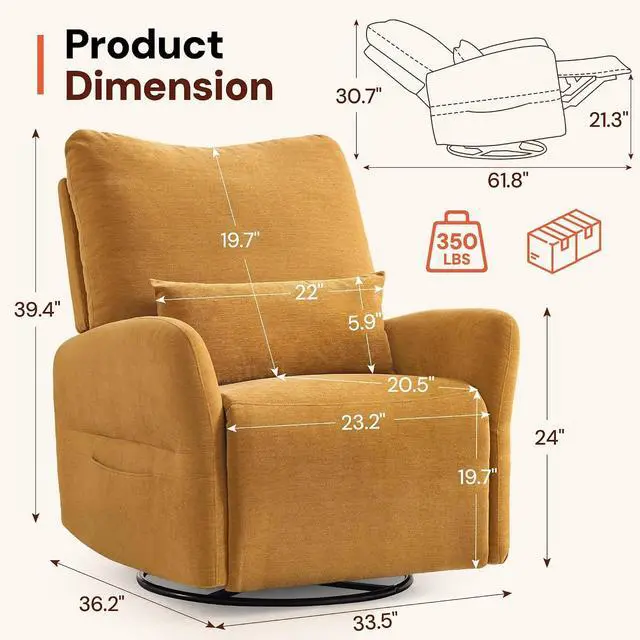 Alt view image 2 of 7 - Korser Power Swivel Rocker Recliner Chair, Electric Nursery Rocking Chairs with USB & Type-C Ports, Upholstered 23" Wide Glider Chair with Lumbar Pillow for Living Room, Bedroom, Chenille, Gold