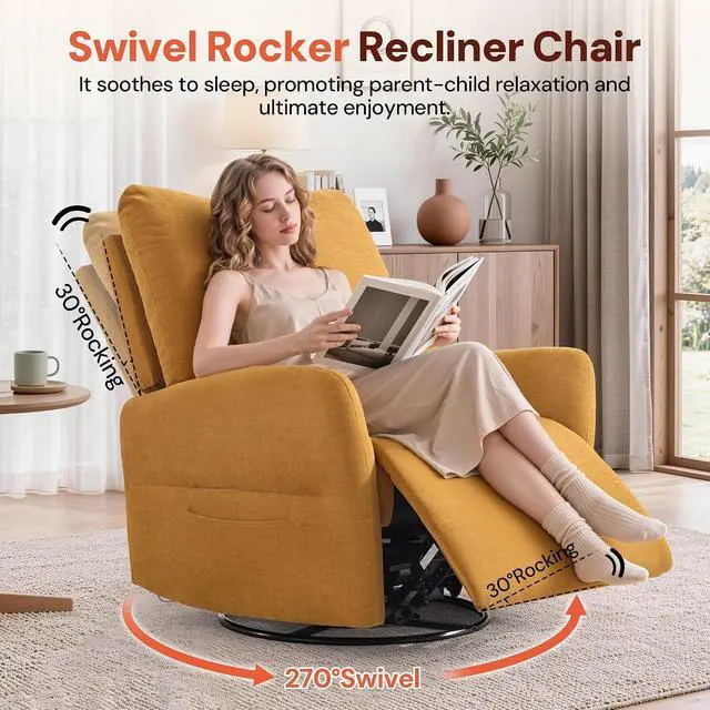 Alt view image 3 of 7 - Korser Power Swivel Rocker Recliner Chair, Electric Nursery Rocking Chairs with USB & Type-C Ports, Upholstered 23" Wide Glider Chair with Lumbar Pillow for Living Room, Bedroom, Chenille, Gold