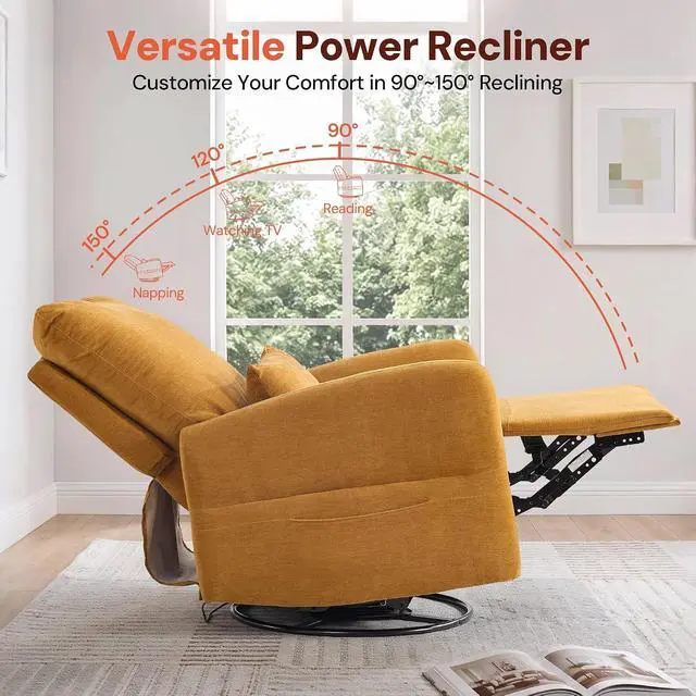 Alt view image 4 of 7 - Korser Power Swivel Rocker Recliner Chair, Electric Nursery Rocking Chairs with USB & Type-C Ports, Upholstered 23" Wide Glider Chair with Lumbar Pillow for Living Room, Bedroom, Chenille, Gold