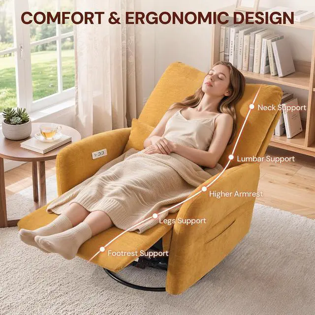 Alt view image 5 of 7 - Korser Power Swivel Rocker Recliner Chair, Electric Nursery Rocking Chairs with USB & Type-C Ports, Upholstered 23" Wide Glider Chair with Lumbar Pillow for Living Room, Bedroom, Chenille, Gold