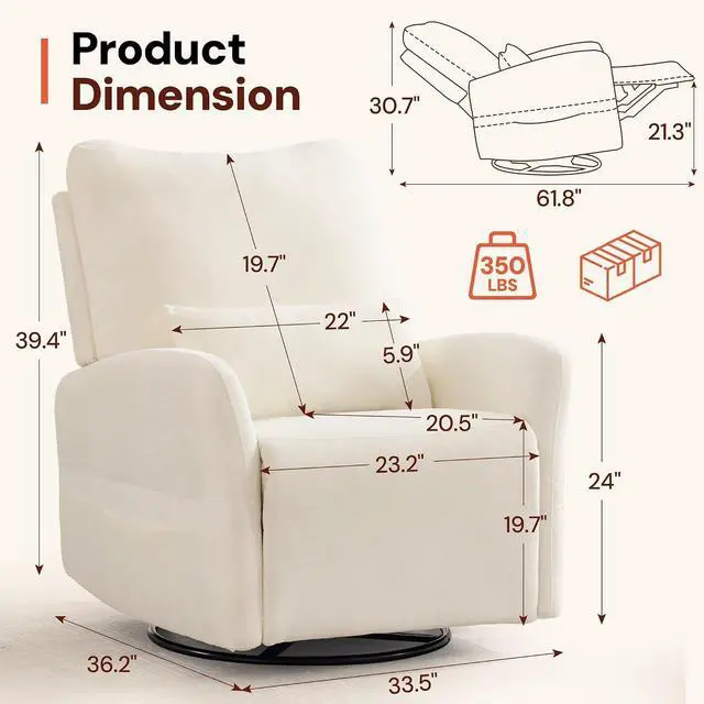 Alt view image 2 of 7 - Korser Power Swivel Rocker Recliner Chair, Electric Nursery Rocking Chairs with USB & Type-C Ports, Upholstered 23" Wide Glider Chair with Lumbar Pillow for Living Room, Bedroom, Chenille, Beige
