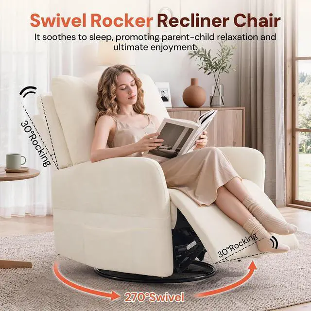 Alt view image 3 of 7 - Korser Power Swivel Rocker Recliner Chair, Electric Nursery Rocking Chairs with USB & Type-C Ports, Upholstered 23" Wide Glider Chair with Lumbar Pillow for Living Room, Bedroom, Chenille, Beige