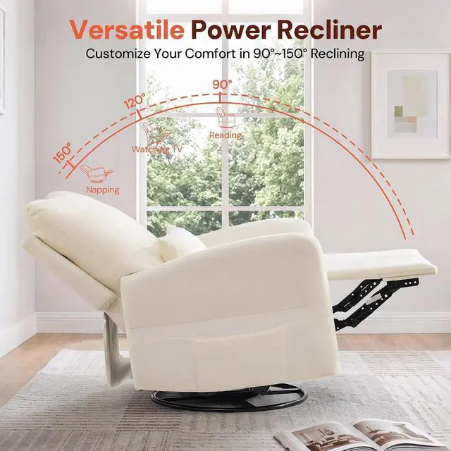 Alt view image 4 of 7 - Korser Power Swivel Rocker Recliner Chair, Electric Nursery Rocking Chairs with USB & Type-C Ports, Upholstered 23" Wide Glider Chair with Lumbar Pillow for Living Room, Bedroom, Chenille, Beige