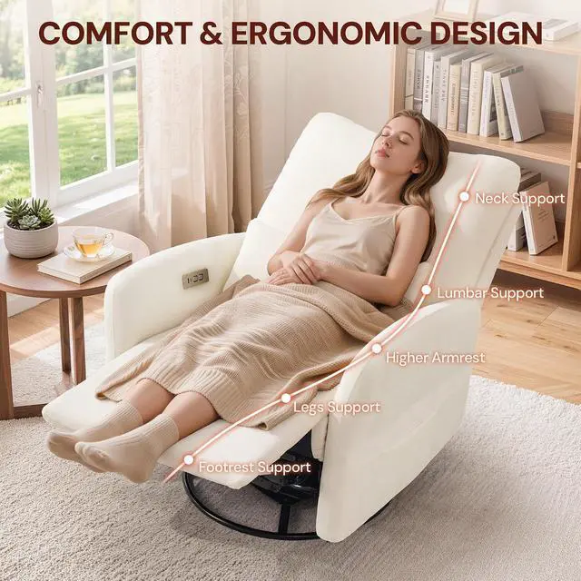 Alt view image 5 of 7 - Korser Power Swivel Rocker Recliner Chair, Electric Nursery Rocking Chairs with USB & Type-C Ports, Upholstered 23" Wide Glider Chair with Lumbar Pillow for Living Room, Bedroom, Chenille, Beige