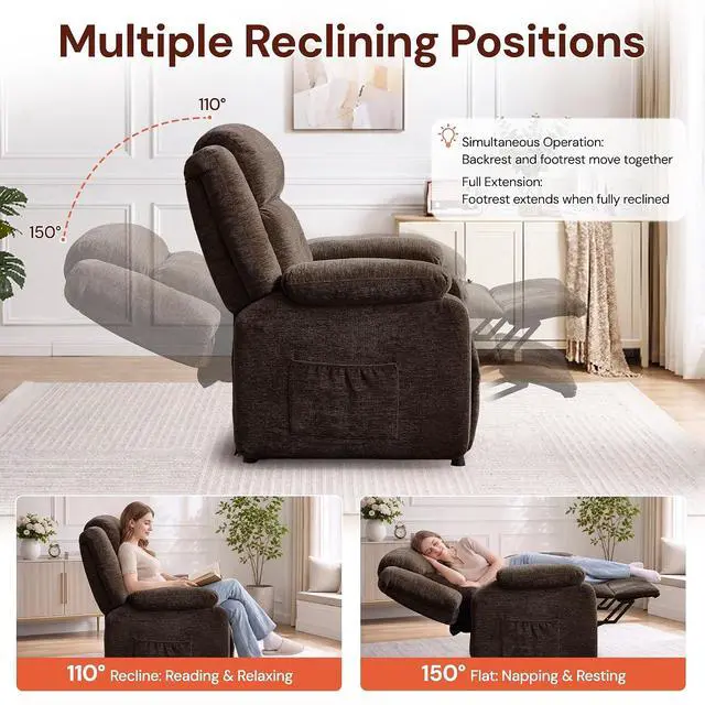 Alt view image 3 of 7 - Korser Power Recliner Chair for Adults, Oversized Electric Recliner with Thickened Cushions, Reclining Chair for Bedroom, Living Room Chairs with Side Pockets, Chenille