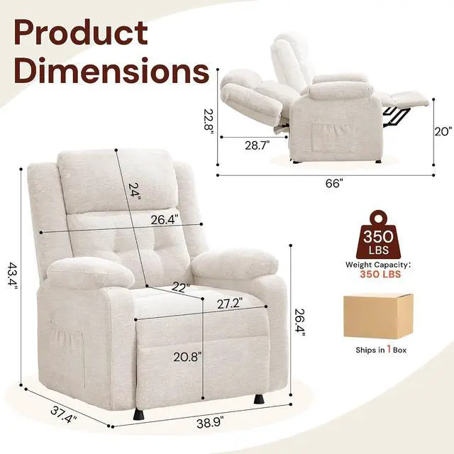Alt view image 2 of 7 - Korser Power Recliner Chair for Adults, Oversized Electric Recliner with Thickened Cushions, Reclining Chair for Bedroom, Living Room Chairs with Side Pockets, Chenille