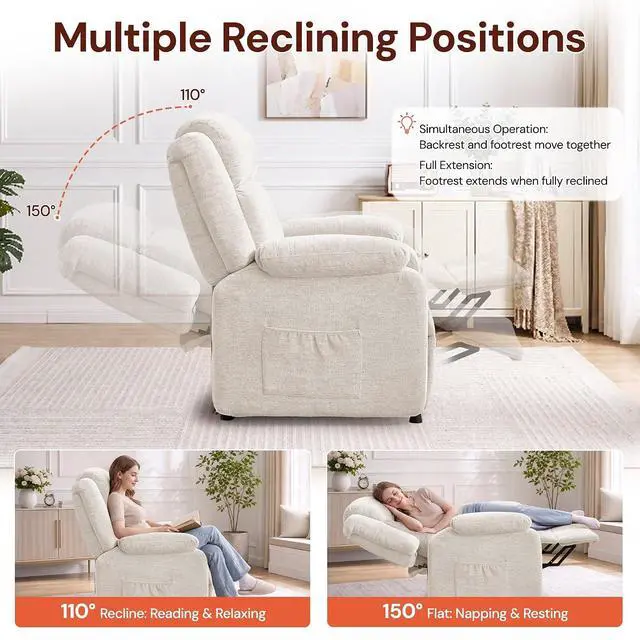 Alt view image 3 of 7 - Korser Power Recliner Chair for Adults, Oversized Electric Recliner with Thickened Cushions, Reclining Chair for Bedroom, Living Room Chairs with Side Pockets, Chenille