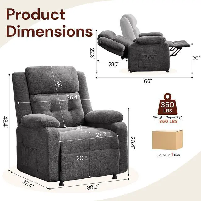 Alt view image 2 of 7 - Korser Power Recliner Chair for Adults, Oversized Electric Recliner with Thickened Cushions, Reclining Chair for Bedroom, Living Room Chairs with Side Pockets, Chenille