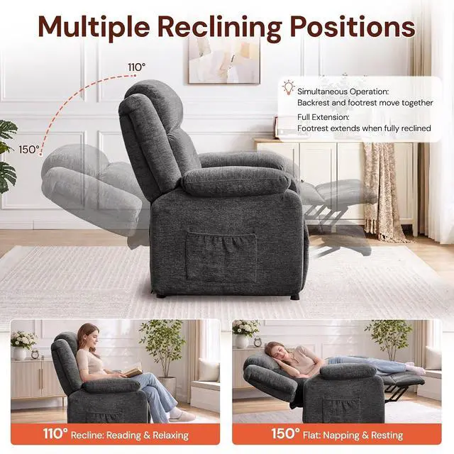 Alt view image 3 of 7 - Korser Power Recliner Chair for Adults, Oversized Electric Recliner with Thickened Cushions, Reclining Chair for Bedroom, Living Room Chairs with Side Pockets, Chenille