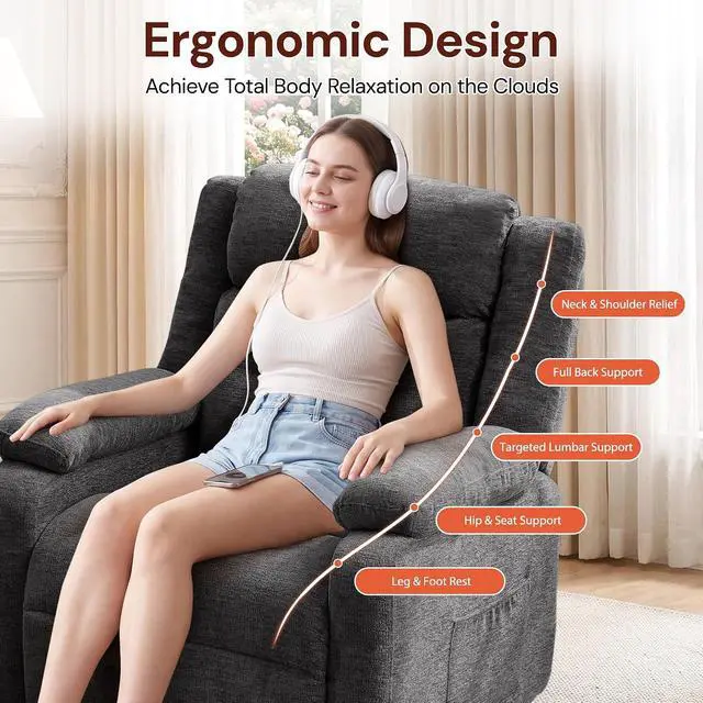 Alt view image 4 of 7 - Korser Power Recliner Chair for Adults, Oversized Electric Recliner with Thickened Cushions, Reclining Chair for Bedroom, Living Room Chairs with Side Pockets, Chenille
