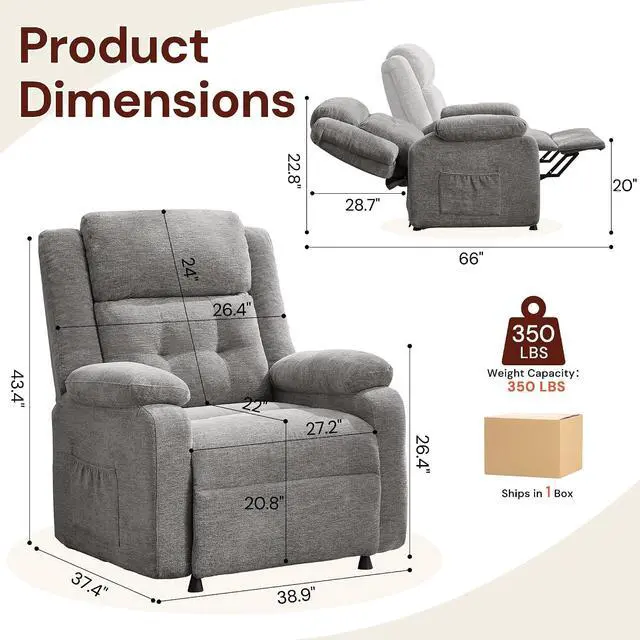 Alt view image 2 of 7 - Korser Power Recliner Chair for Adults, Oversized Electric Recliner with Thickened Cushions, Reclining Chair for Bedroom, Living Room Chairs with Side Pockets, Chenille