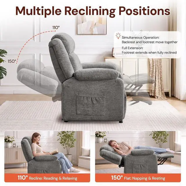Alt view image 3 of 7 - Korser Power Recliner Chair for Adults, Oversized Electric Recliner with Thickened Cushions, Reclining Chair for Bedroom, Living Room Chairs with Side Pockets, Chenille