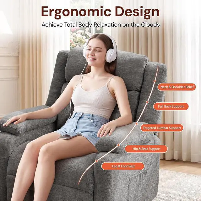 Alt view image 4 of 7 - Korser Power Recliner Chair for Adults, Oversized Electric Recliner with Thickened Cushions, Reclining Chair for Bedroom, Living Room Chairs with Side Pockets, Chenille