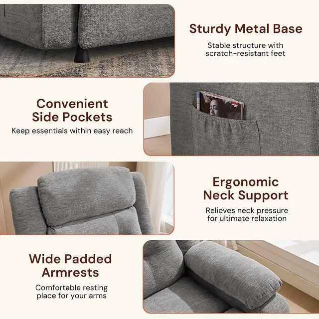 Alt view image 5 of 7 - Korser Power Recliner Chair for Adults, Oversized Electric Recliner with Thickened Cushions, Reclining Chair for Bedroom, Living Room Chairs with Side Pockets, Chenille