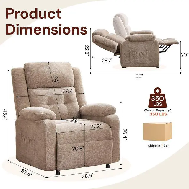 Alt view image 2 of 7 - Korser Power Recliner Chair for Adults, Oversized Electric Recliner with Thickened Cushions, Reclining Chair for Bedroom, Living Room Chairs with Side Pockets, Chenille