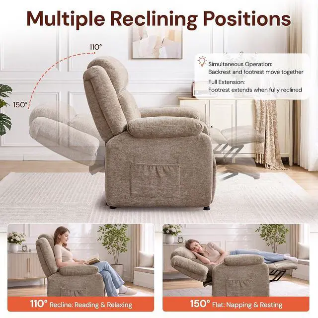 Alt view image 3 of 7 - Korser Power Recliner Chair for Adults, Oversized Electric Recliner with Thickened Cushions, Reclining Chair for Bedroom, Living Room Chairs with Side Pockets, Chenille