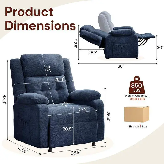 Alt view image 2 of 7 - Korser Power Recliner Chair for Adults, Oversized Electric Recliner with Thickened Cushions, Reclining Chair for Bedroom, Living Room Chairs with Side Pockets, Chenille