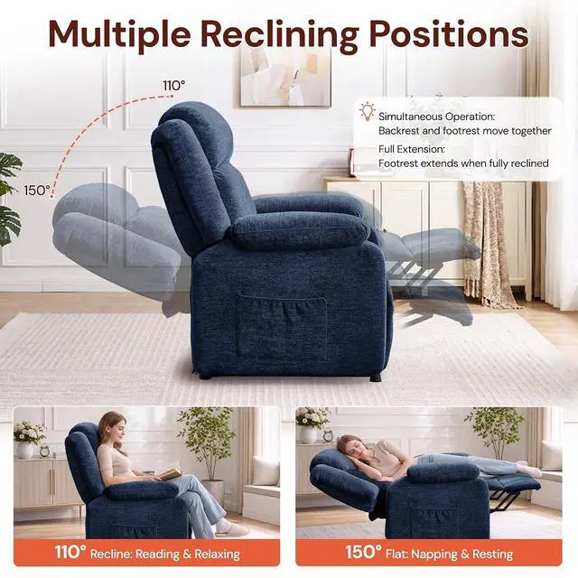 Alt view image 3 of 7 - Korser Power Recliner Chair for Adults, Oversized Electric Recliner with Thickened Cushions, Reclining Chair for Bedroom, Living Room Chairs with Side Pockets, Chenille