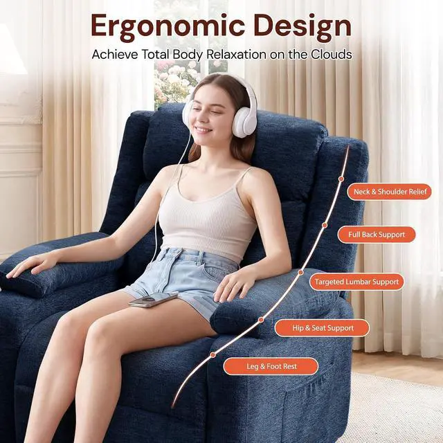Alt view image 4 of 7 - Korser Power Recliner Chair for Adults, Oversized Electric Recliner with Thickened Cushions, Reclining Chair for Bedroom, Living Room Chairs with Side Pockets, Chenille