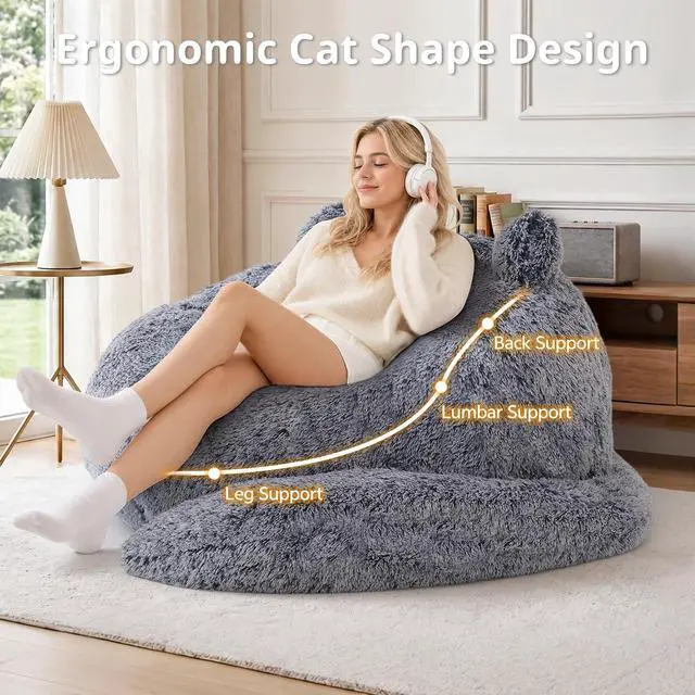 Alt view image 5 of 7 - Korser Bean Bag Chair, Giant Bean Bag Chairs for Adults Teens, Faux Fur Large Bean Bag Couch, Cat Shaped Fluffy Beanbag Sofa, Comfy Accent Floor Sofa for Reading, Gaming in Living Room Bedroom, Black