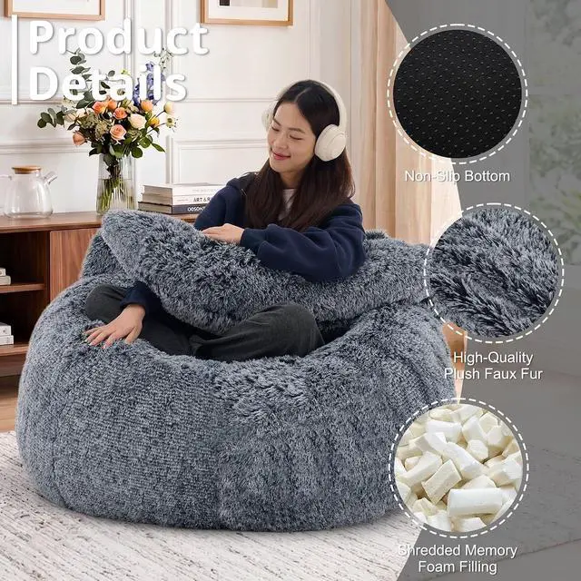 Alt view image 3 of 7 - Korser Bean Bag Chair, Giant Bean Bag Chairs for Adults Teens, Faux Fur Large Bean Bag Couch, Cat Shaped Fluffy Beanbag Sofa, Comfy Accent Floor Sofa for Reading, Gaming in Living Room Bedroom, Black
