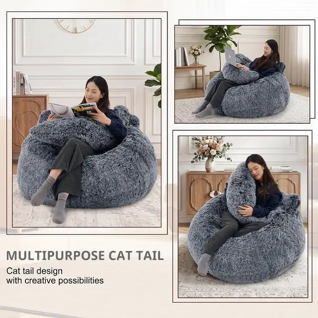 Alt view image 6 of 7 - Korser Bean Bag Chair, Giant Bean Bag Chairs for Adults Teens, Faux Fur Large Bean Bag Couch, Cat Shaped Fluffy Beanbag Sofa, Comfy Accent Floor Sofa for Reading, Gaming in Living Room Bedroom, Black