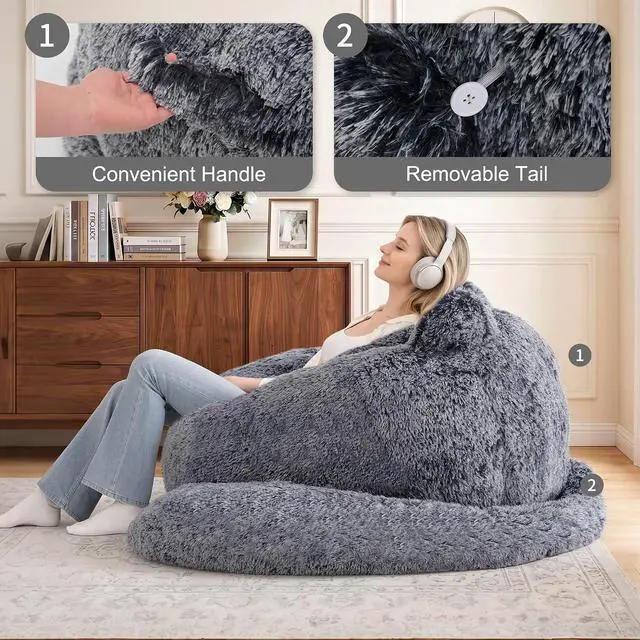 Alt view image 4 of 7 - Korser Bean Bag Chair, Giant Bean Bag Chairs for Adults Teens, Faux Fur Large Bean Bag Couch, Cat Shaped Fluffy Beanbag Sofa, Comfy Accent Floor Sofa for Reading, Gaming in Living Room Bedroom, Black