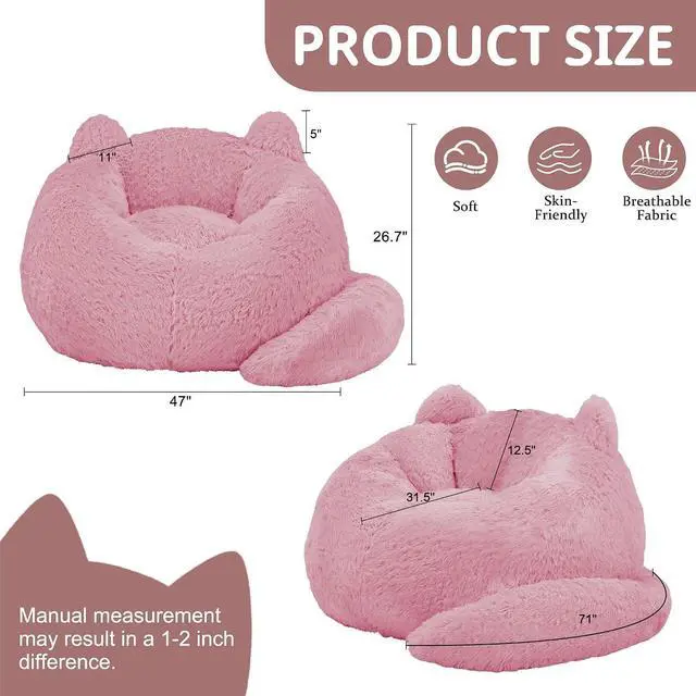 Alt view image 2 of 7 - Korser Bean Bag Chair, Giant Bean Bag Chairs for Adults Teens, Faux Fur Large Bean Bag Couch, Cat Shaped Fluffy Beanbag Sofa, Comfy Accent Floor Sofa for Reading, Gaming in Living Room Bedroom, Pink