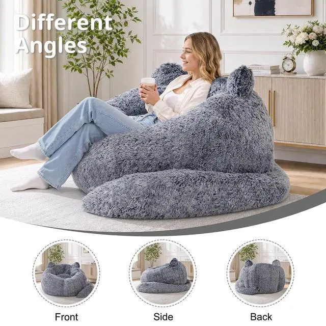 Alt view image 7 of 7 - Korser Bean Bag Chair, Giant Bean Bag Chairs for Adults Teens, Faux Fur Large Bean Bag Couch, Cat Shaped Fluffy Beanbag Sofa, Comfy Accent Floor Sofa for Reading, Gaming in Living Room Bedroom, Black