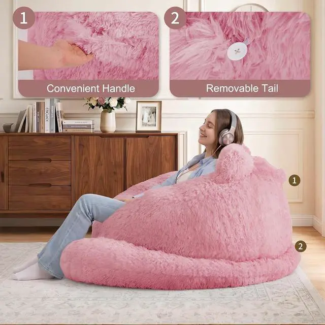 Alt view image 4 of 7 - Korser Bean Bag Chair, Giant Bean Bag Chairs for Adults Teens, Faux Fur Large Bean Bag Couch, Cat Shaped Fluffy Beanbag Sofa, Comfy Accent Floor Sofa for Reading, Gaming in Living Room Bedroom, Pink