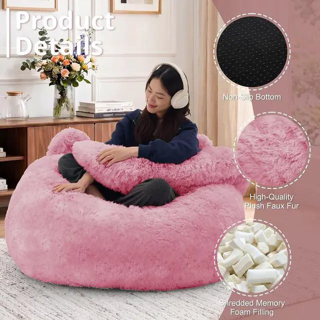 Alt view image 3 of 7 - Korser Bean Bag Chair, Giant Bean Bag Chairs for Adults Teens, Faux Fur Large Bean Bag Couch, Cat Shaped Fluffy Beanbag Sofa, Comfy Accent Floor Sofa for Reading, Gaming in Living Room Bedroom, Pink
