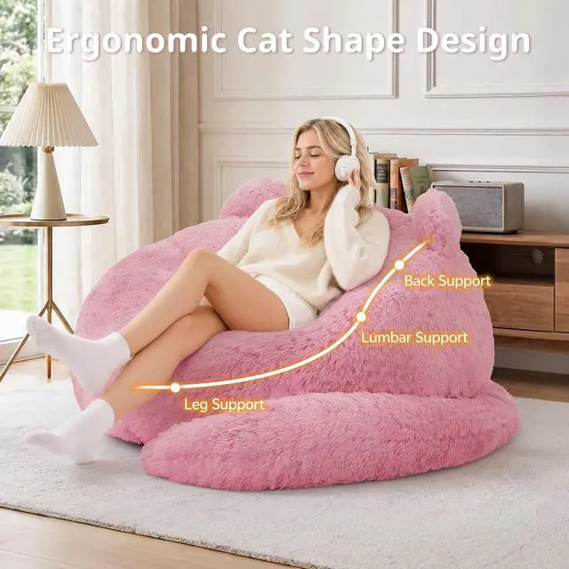 Alt view image 5 of 7 - Korser Bean Bag Chair, Giant Bean Bag Chairs for Adults Teens, Faux Fur Large Bean Bag Couch, Cat Shaped Fluffy Beanbag Sofa, Comfy Accent Floor Sofa for Reading, Gaming in Living Room Bedroom, Pink