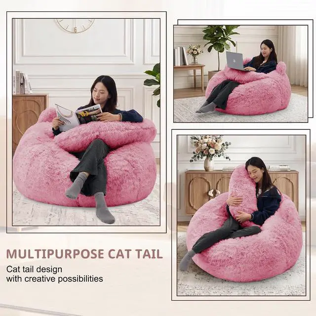 Alt view image 6 of 7 - Korser Bean Bag Chair, Giant Bean Bag Chairs for Adults Teens, Faux Fur Large Bean Bag Couch, Cat Shaped Fluffy Beanbag Sofa, Comfy Accent Floor Sofa for Reading, Gaming in Living Room Bedroom, Pink