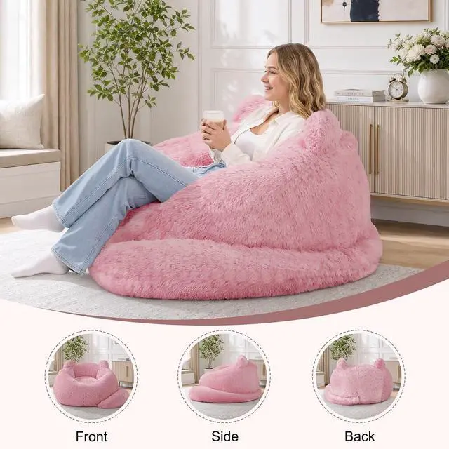 Alt view image 7 of 7 - Korser Bean Bag Chair, Giant Bean Bag Chairs for Adults Teens, Faux Fur Large Bean Bag Couch, Cat Shaped Fluffy Beanbag Sofa, Comfy Accent Floor Sofa for Reading, Gaming in Living Room Bedroom, Pink