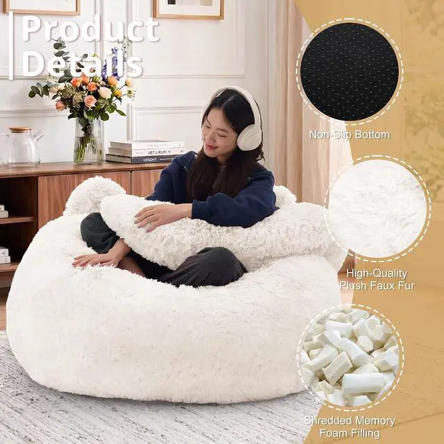 Alt view image 3 of 7 - Korser Bean Bag Chair, Giant Bean Bag Chairs for Adults Teens, Faux Fur Large Bean Bag Couch, Cat Shaped Fluffy Beanbag Sofa, Comfy Accent Floor Sofa for Reading, Gaming in Living Room Bedroom, Beige