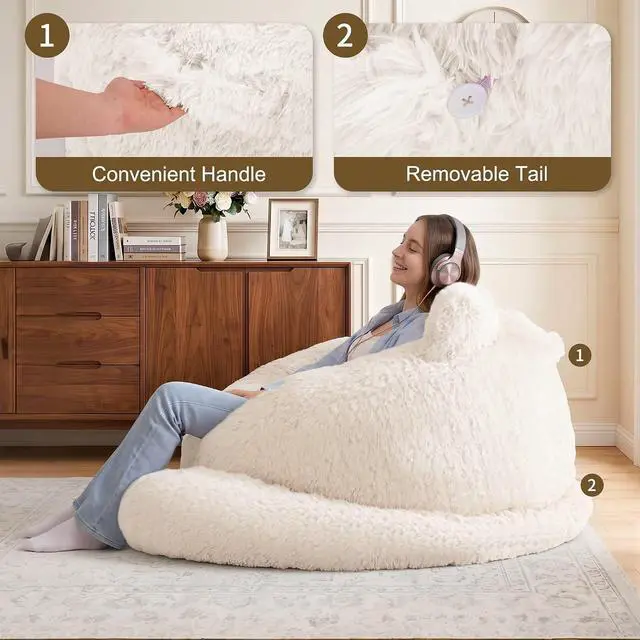 Alt view image 4 of 7 - Korser Bean Bag Chair, Giant Bean Bag Chairs for Adults Teens, Faux Fur Large Bean Bag Couch, Cat Shaped Fluffy Beanbag Sofa, Comfy Accent Floor Sofa for Reading, Gaming in Living Room Bedroom, Beige