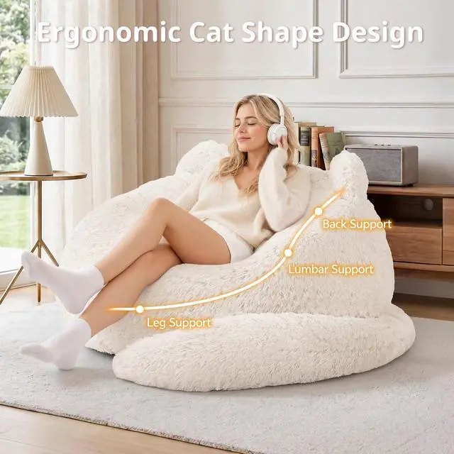 Alt view image 5 of 7 - Korser Bean Bag Chair, Giant Bean Bag Chairs for Adults Teens, Faux Fur Large Bean Bag Couch, Cat Shaped Fluffy Beanbag Sofa, Comfy Accent Floor Sofa for Reading, Gaming in Living Room Bedroom, Beige