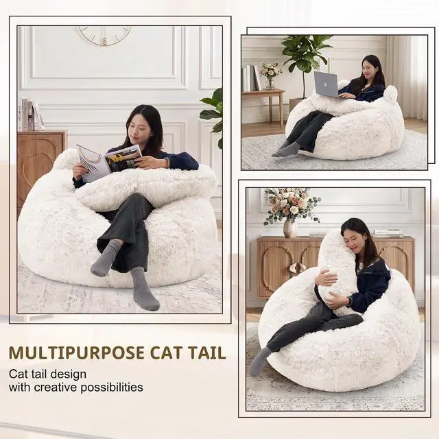 Alt view image 6 of 7 - Korser Bean Bag Chair, Giant Bean Bag Chairs for Adults Teens, Faux Fur Large Bean Bag Couch, Cat Shaped Fluffy Beanbag Sofa, Comfy Accent Floor Sofa for Reading, Gaming in Living Room Bedroom, Beige
