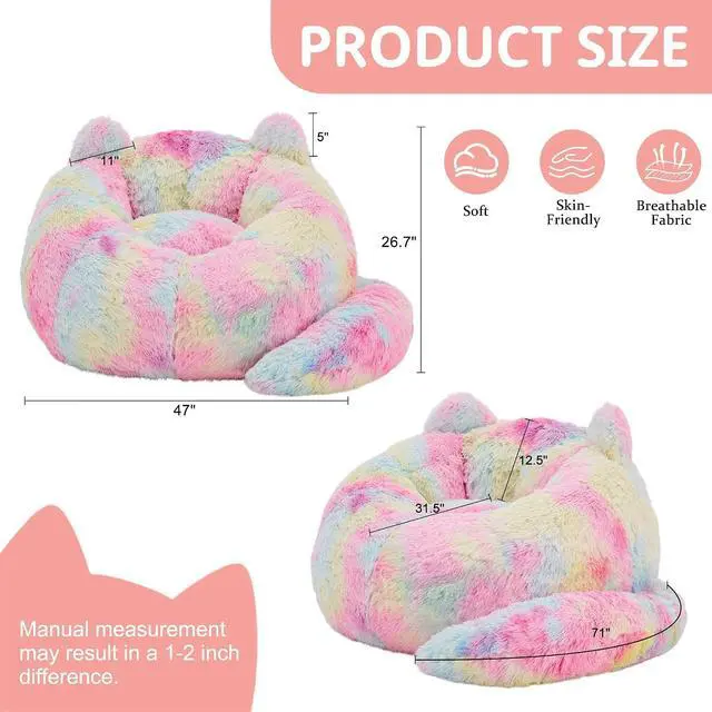 Alt view image 2 of 7 - Korser Bean Bag Chair, Giant Bean Bag Chairs for Adults Teens, Faux Fur Large Bean Bag Couch, Cat Shaped Fluffy Beanbag Sofa, Comfy Accent Floor Sofa for Reading, Gaming in Living Room Bedroom,Rainbow