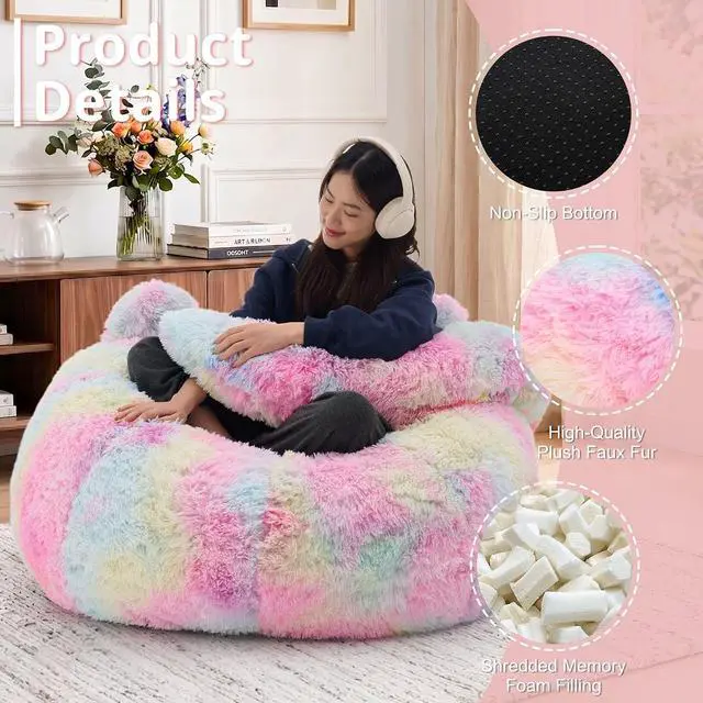 Alt view image 3 of 7 - Korser Bean Bag Chair, Giant Bean Bag Chairs for Adults Teens, Faux Fur Large Bean Bag Couch, Cat Shaped Fluffy Beanbag Sofa, Comfy Accent Floor Sofa for Reading, Gaming in Living Room Bedroom,Rainbow