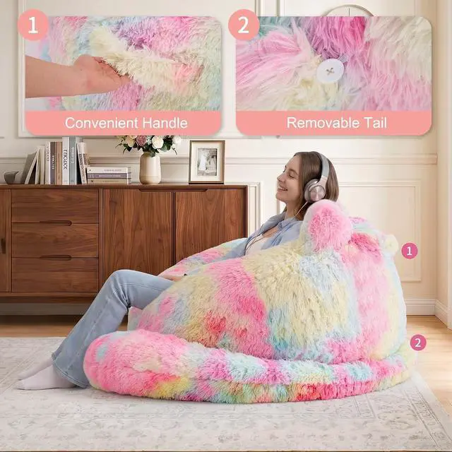 Alt view image 4 of 7 - Korser Bean Bag Chair, Giant Bean Bag Chairs for Adults Teens, Faux Fur Large Bean Bag Couch, Cat Shaped Fluffy Beanbag Sofa, Comfy Accent Floor Sofa for Reading, Gaming in Living Room Bedroom,Rainbow