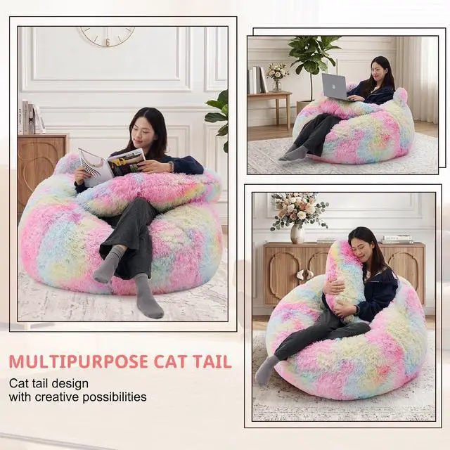 Alt view image 6 of 7 - Korser Bean Bag Chair, Giant Bean Bag Chairs for Adults Teens, Faux Fur Large Bean Bag Couch, Cat Shaped Fluffy Beanbag Sofa, Comfy Accent Floor Sofa for Reading, Gaming in Living Room Bedroom,Rainbow